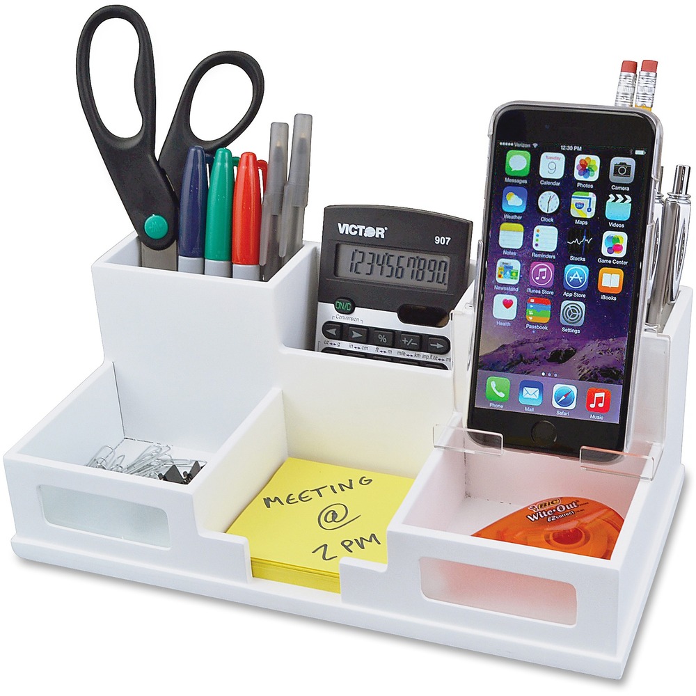 VCTW9525 - Desk organizer provides six compartments for small knickknacks, office essentials and writing utensils while providing a removable ergonomic system to hold your mobile device. The acrylic phone holder is repositionable to any of the three large compartments while keeping your phone at a comfortable, ergonomic level. As part of the Pure White Collection, it brings a fresh perspective to desk accessories by offering functional solutions with appealing design elements. Organizer features sturdy wood construction with a durable, double-coated white finish. Frosted glass windows add a touch of class. Nonslip rubber feet reduce movement and protect your worksurface from scratches and scuffs. Convenient design creates multiple ways to keep your desk organized. Holder is perfect for use either at home or in the office. More from the Manufacturer