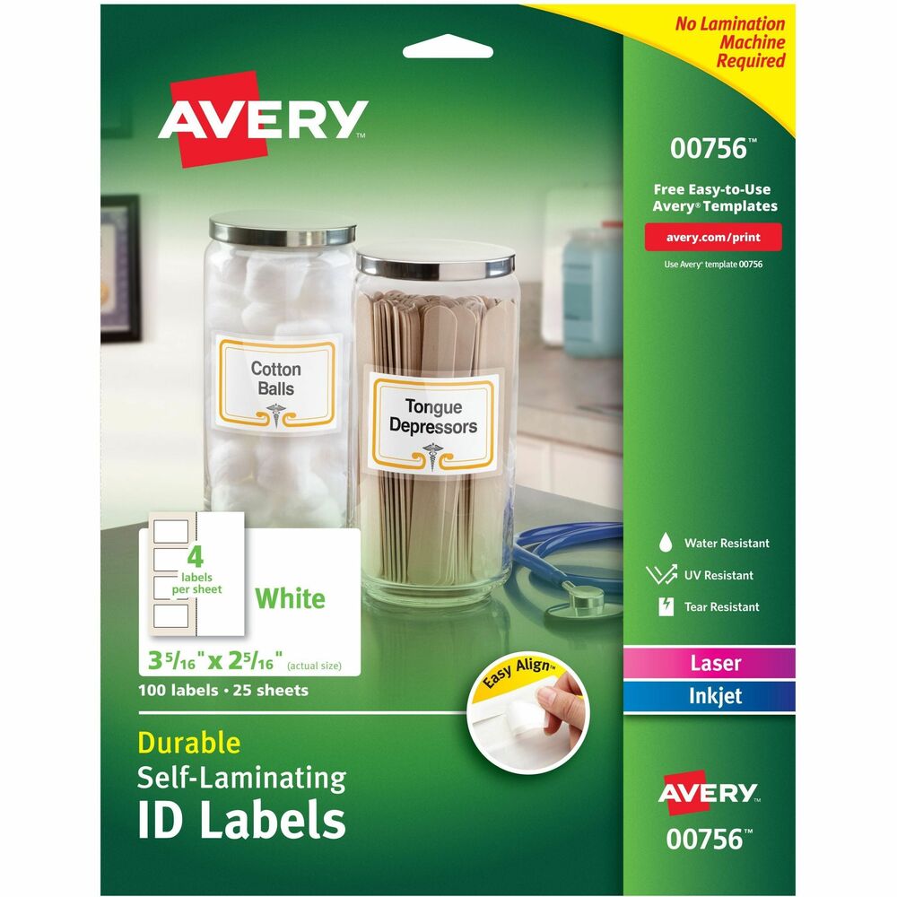 AVE00756 - Easy Align Self-Laminating ID Labels are tough enough to withstand harsh conditions. These labels come with a clear laminate that's easy to apply. Simply print the label and seal with the clear laminate film. With the Easy Align design, you can create perfect laminated labels without bubbles or wrinkles every time - no lamination machine required. UV-resistant material provides extra protection against exposure to sun and other harsh environments. They're also water-resistant so surfaces can be wiped clean. Labels resist scuffing, tearing and smudging so they remain intact and easy to read. The permanent adhesive sticks to a variety of surfaces, including plastic, wood, metal, paper, ceramic and glass. Use them to mark your property and equipment, identify contents of containers and organize shelving in warehouses, storage areas and work sites. Easily customize labels with free online templates and designs. Labels on letter-size sheets are compatible with inkjet and laser printers. More from the Manufacturer