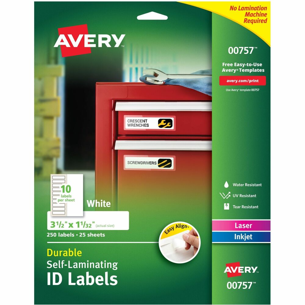 AVE00757 - Easy Align Self-Laminating ID Labels are tough enough to withstand harsh conditions. These labels come with a clear laminate that's easy to apply. Simply print the label and seal with the clear laminate film. With the Easy Align design, you can create perfect laminated labels without bubbles or wrinkles every time - no lamination machine required. UV-resistant material provides extra protection against exposure to sun and other harsh environments. They're also water-resistant so surfaces can be wiped clean. Labels resist scuffing, tearing and smudging so they remain intact and easy to read. The permanent adhesive sticks to a variety of surfaces, including plastic, wood, metal, paper, ceramic and glass. Use them to mark your property and equipment, identify contents of containers and organize shelving in warehouses, storage areas and work sites. Easily customize labels with free online templates and designs. Labels on letter-size sheets are compatible with inkjet and laser printers. More from the Manufacturer