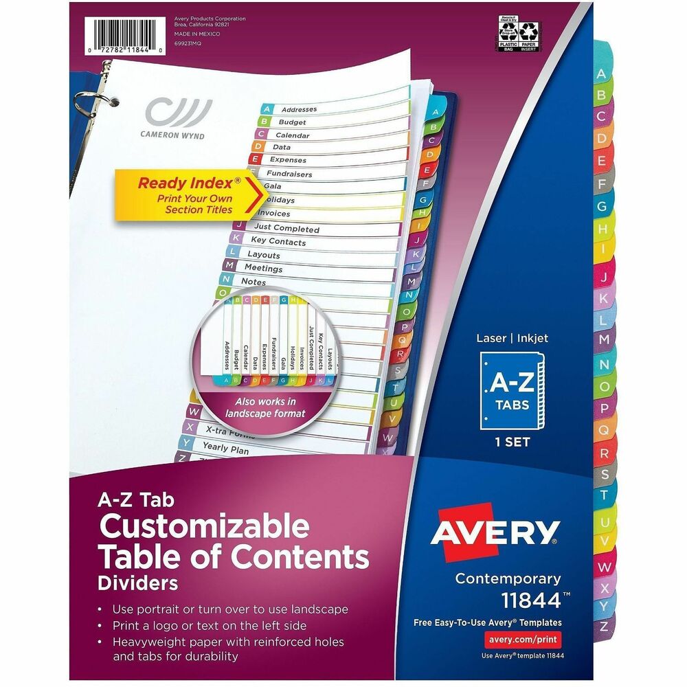 AVE11844 - With our new Ready Index Customizable Table of Contents Dividers you can organize quickly and easily with a professional look. The new contemporary design includes arched shaped tabs, vibrant colours and an updated double-sided table of contents page that can be used in portrait or landscape orientation. And because these dividers feature heavyweight paper, stronger tab reinforcement and double-sided hole reinforcement, they'll stand up to frequent use. Easily add section titles, graphics or a company logo to the table of contents page using the free templates at avery.ca/print. Great for reference and training manuals, projects, organizing paperwork, presentations and more. More from the Manufacturer