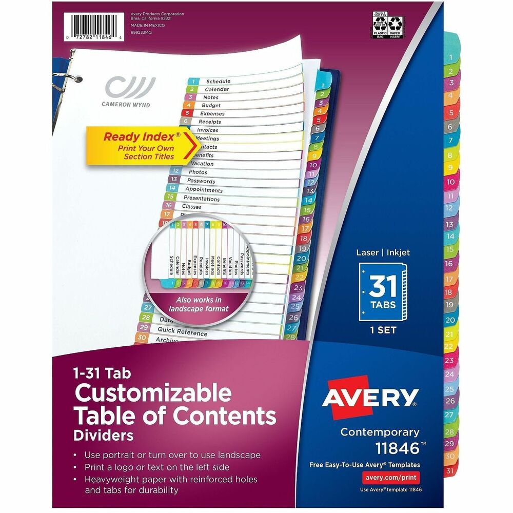 AVE11846 - With our new Ready Index Customizable Table of Contents Dividers you can organize quickly and easily with a professional look. The new contemporary design includes arched shaped tabs, vibrant colours and an updated double-sided table of contents page that can be used in portrait or landscape orientation. And because these dividers feature heavyweight paper, stronger tab reinforcement and double-sided hole reinforcement, they'll stand up to frequent use. Easily add section titles, graphics or a company logo to the table of contents page using the free templates at avery.ca/print. Great for reference and training manuals, projects, organizing paperwork, presentations and more. More from the Manufacturer