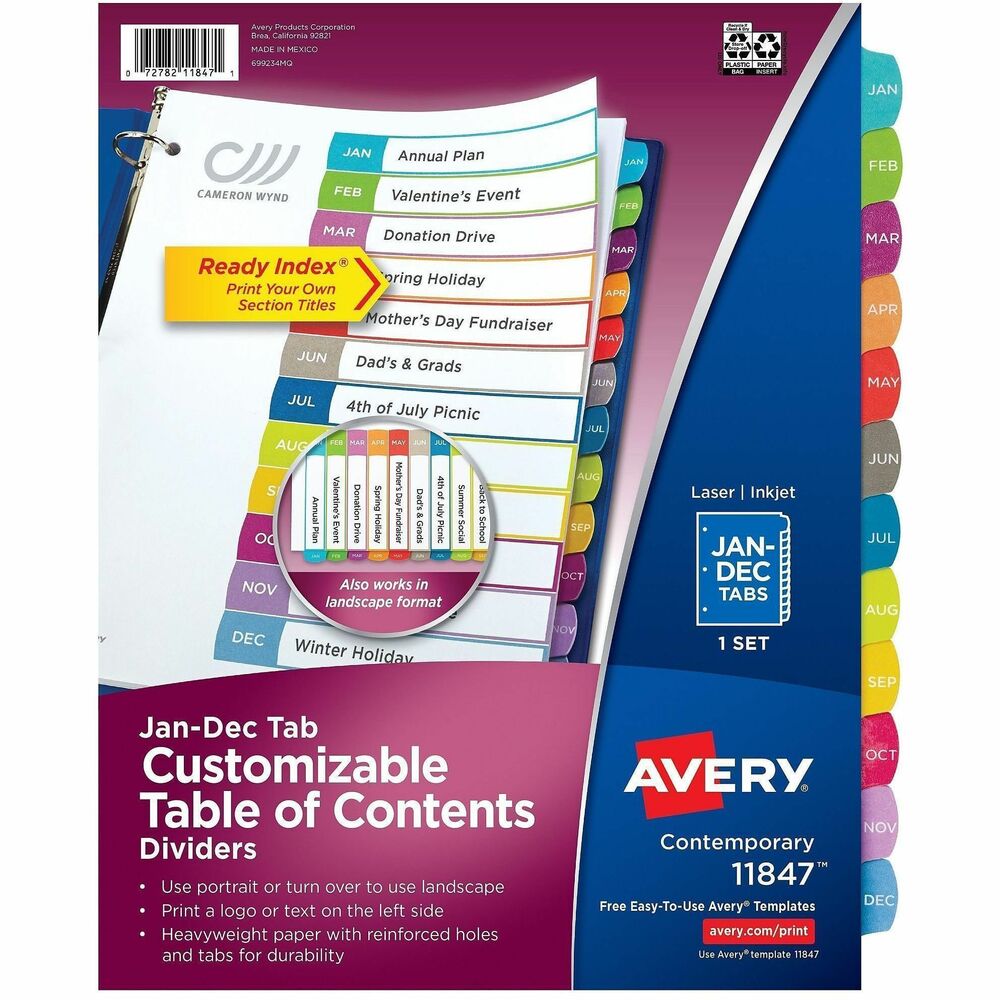 AVE11847 - With our new Ready Index Customizable Table of Contents Dividers you can organize quickly and easily with a professional look. The new contemporary design includes arched shaped tabs, vibrant colours and an updated double-sided table of contents page that can be used in portrait or landscape orientation. And because these dividers feature heavyweight paper, stronger tab reinforcement and double-sided hole reinforcement, they'll stand up to frequent use. Easily add section titles, graphics or a company logo to the table of contents page using the free templates at avery.ca/print. Great for reference and training manuals, projects, organizing paperwork, presentations and more. More from the Manufacturer