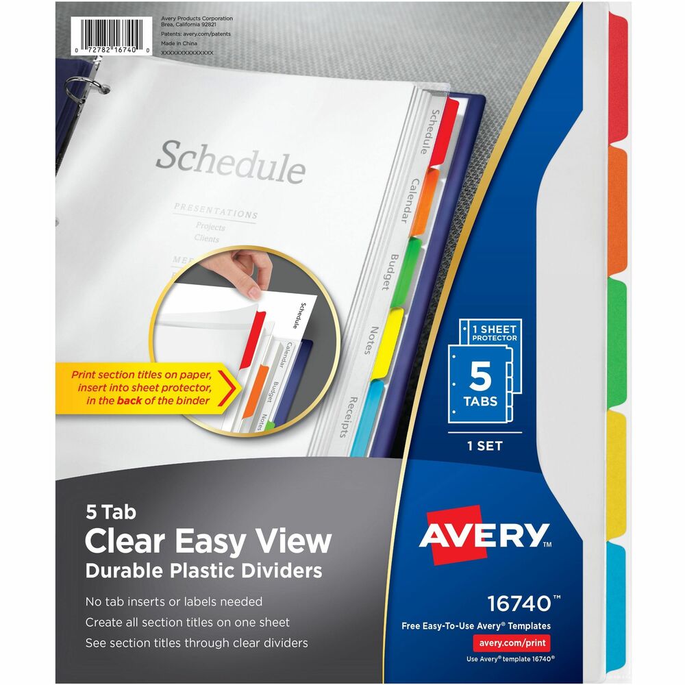 AVE16740 - Durable plastic dividers, customizable section title page and sheet protector work together for clean professional look and flexibility. Clear dividers with multicolored tabs allow you see through to the section titles located in the back of your binder. They are great for projects, presentations, proposals and keeping things organized. Print section titles on a plain letter-size sheet of paper and insert into the included sheet protector. Place sheet protector as the last page of the binder. To update section titles or reuse your dividers, simply print a replacement sheet or handwrite directly on tabs using a pen, pencil or marker. More from the Manufacturer
