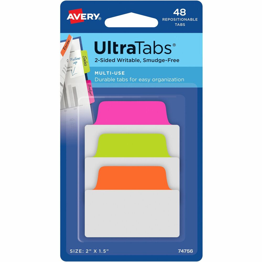 AVE74756 - Multiuse Ultra Tabs are sturdy page tabs with stylish colors that make indexing, marking and referencing documents quick, easy and fun. Write on both sides of the tabs with most pens, pencils, markers and highlighters. They're smudge-free. Adhesive bodies are clear so you can see text underneath. Durable tabs stick securely and strong enough to turn pages, yet remove easily without leaving residue or lifting ink. They are perfect for home, school or the office. Use these sticky tabs as page flags or index tabs in cookbooks. Students, teachers and administrators will find it easy to highlight textbooks and notes without marking the pages. At the office, make quick and easy sticky notes in your weekly or monthly planner and mark items in a report or presentation for referencing, follow-up or signatures. Ink dry times may vary. Tab colors include 16 each in pink, green and orange. Tab may lift some inks. Test before applying. More from the Manufacturer