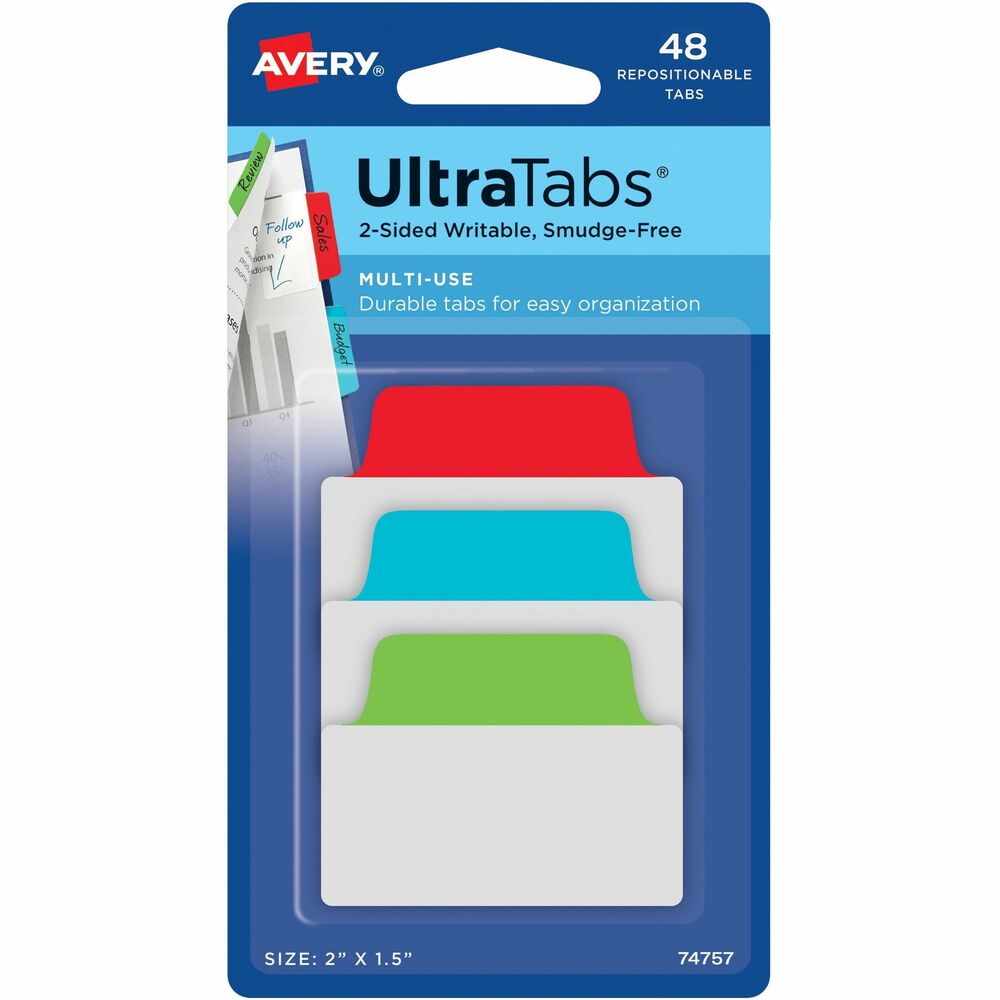 AVE74757 - Multiuse Ultra Tabs are sturdy page tabs with stylish colors that make indexing, marking and referencing documents quick, easy and fun. Write on both sides of the tabs with most pens, pencils, markers and highlighters. They're smudge-free. Adhesive bodies are clear so you can see text underneath. Durable tabs stick securely and strong enough to turn pages, yet remove easily without leaving residue or lifting ink. They are perfect for home, school or the office. Use these sticky tabs as page flags or index tabs in cookbooks. Students, teachers and administrators will find it easy to highlight textbooks and notes without marking the pages. At the office, make quick and easy sticky notes in your weekly or monthly planner and mark items in a report or presentation for referencing, follow-up or signatures. Ink dry times may vary. Tab colors include 16 each in red, blue and green. Tab may lift some inks. Test before applying. More from the Manufacturer