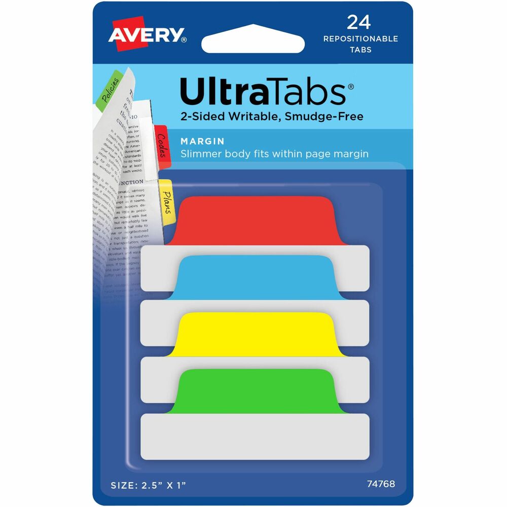 AVE74768 - Margin Ultra Tabs offer a narrow body that fits within the margins of books, notebooks and printed documents without interfering with text. This makes indexing, flagging and referencing documents quick and easy. Durable tabs are writable on both sides. Adhesive body is clear so you can see text underneath. You can write on these smudge-free page tabs with most pens, pencils, markers and highlighters (Ink dry times may vary; tab may lift some inks). Repositionable tabs stick securely, but remove easily without leaving any residue or lifting ink. They are perfect for home, school or the office. Use these sticky tabs as page flags or index tabs in cookbooks. Students, teachers and administrators will find it easy to highlight textbooks and notes without marking the pages. At the office, make quick and easy sticky notes in your planner and mark items in a report or presentation for referencing, follow-up or signatures. Tab colors include six each in red, yellow, green and blue. More from the Manufacturer