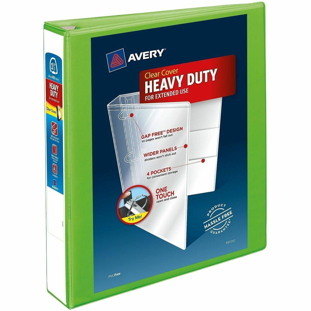 AVE79773 - This Heavy-Duty View Binder with One Touch rings is perfect for extended use. From everyday referencing to classroom notes and home business use-this binder's strong enough to handle them all. The DuraHinge(R) design is stronger, lasts longer and resists tearing, while the DuraEdge(R) feature makes the sides and top more pliable to resist splitting. Our deep texture film offers a smoother finish and features a linen pattern for high quality look and feel. Just pull the lever to open the rings for adding, replacing and removing pages. Then push to lock the rings in place. Even when filled to its 400-page capacity, this binder still has four stacked pockets for a bit of extra space inside. Customize the chartreuse cover with free, easy-to-use templates and designs at avery.com/print. More from the Manufacturer