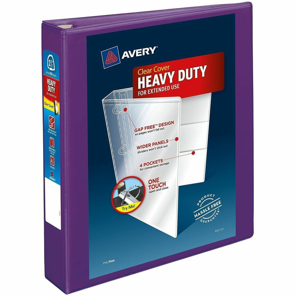 AVE79774 - This Heavy-Duty View Binder with One Touch rings is perfect for extended use. From everyday referencing to classroom notes and home business use-this binder's strong enough to handle them all. The DuraHinge(R) design is stronger, lasts longer and resists tearing, while the DuraEdge(R) feature makes the sides and top more pliable to resist splitting. Our deep texture film offers a smoother finish and features a linen pattern for high quality look and feel. Just pull the lever to open the rings for adding, replacing and removing pages. Then push to lock the rings in place. Even when filled to its 400-page capacity, this binder still has four stacked pockets for a bit of extra space inside. Customize the purple cover with free, easy-to-use templates and designs at avery.com/print. More from the Manufacturer