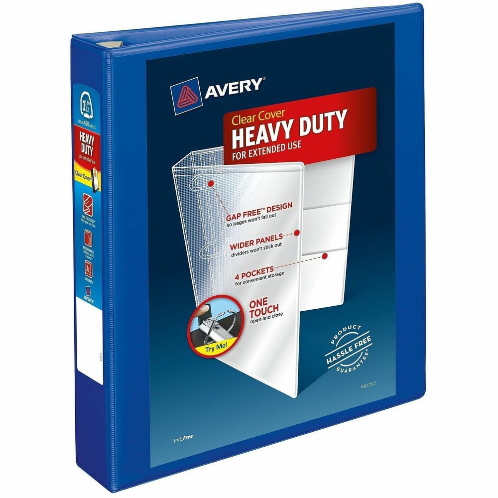 AVE79775 - This Heavy-Duty View Binder with One Touch rings is perfect for extended use. From everyday referencing to classroom notes and home business use-this binder's strong enough to handle them all. The DuraHinge(R) design is stronger, lasts longer and resists tearing, while the DuraEdge(R) feature makes the sides and top more pliable to resist splitting. Our deep texture film offers a smoother finish and features a linen pattern for high quality look and feel. Just pull the lever to open the rings for adding, replacing and removing pages. Then push to lock the rings in place. Even when filled to its 400-page capacity, this binder still has four stacked pockets for a bit of extra space inside. Customize the pacific blue cover with free, easy-to-use templates and designs at avery.com/print. More from the Manufacturer