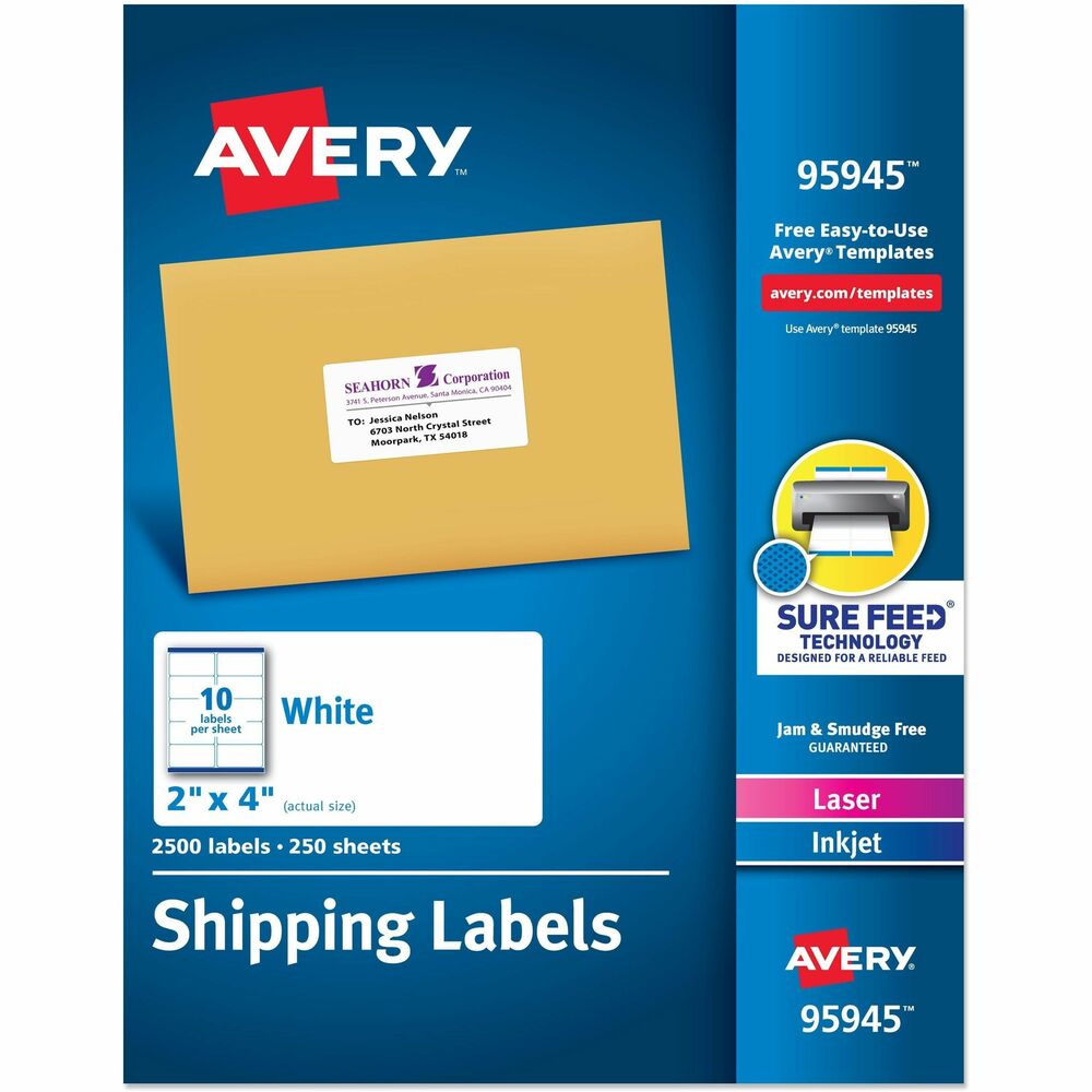 AVE95945 - Create professional-looking packages quickly and easily with White Shipping Labels. These bright, white labels allow sharp, clear print and are perfect for shipping, mailing, organizing, crafts and other large labeling projects. They're easy to customize with your logo and information, using the free online templates and designs. Adhesive is permanent. The jam-free, smudge-free labels are made from Forest Stewardship Council (FSC) certified paper. Print labels with both laser and inkjet printers. More from the Manufacturer