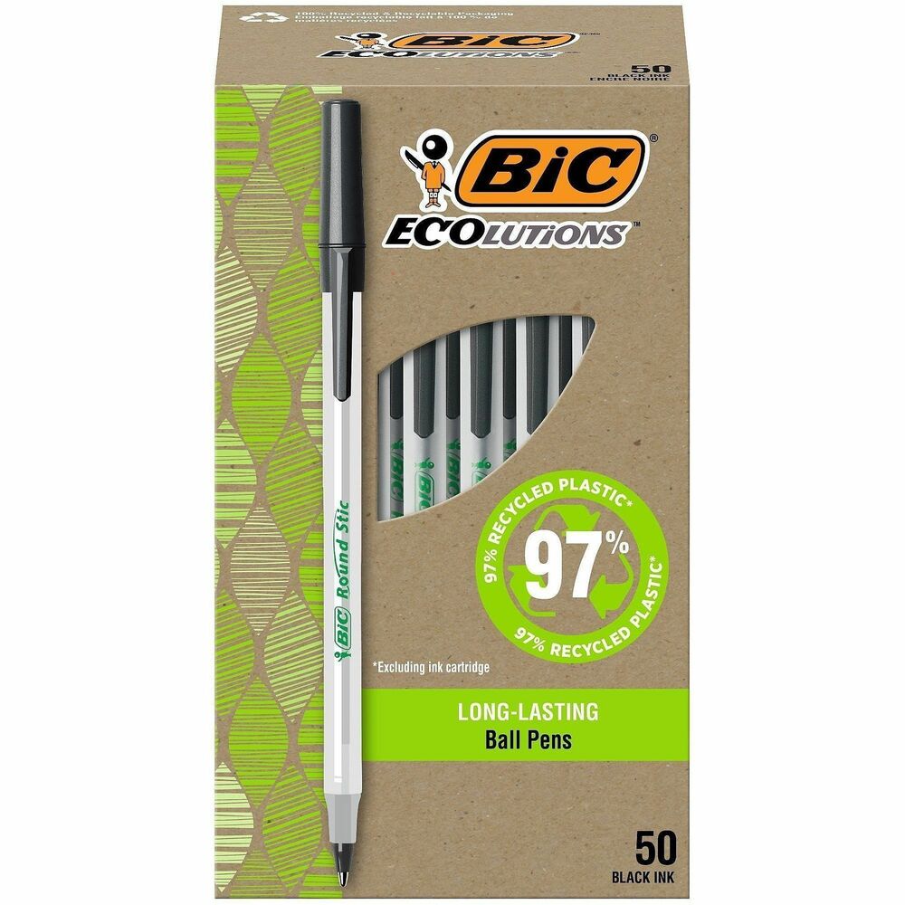 BICGSME509BK - Help write our planet's future with the long-lasting, BIC Ecolutions Round Stic Ballpoint Pens. This ballpoint pen is not only made from 97 percent recycled plastic excluding ink cartridge, but the paperboard used in the packaging is made up of 100 percent recycled content and is also recyclable. With a medium 1.0mm ballpoint, it's the perfect BIC pen for everyday writing. Smooth writing ink system delivers hours of effortless writing. Classic, slender, semi-clear barrel acts as a handy window when checking pen ink levels. Pens are suitable for righties and lefties as the ink dries quickly to prevent smearing. Use the convenient clip to hook the ink pen onto your pocket or notebook. Pick up BIC Ecolutions Round Stic Ballpoint Pen for a high-quality writing utensil you can trust.