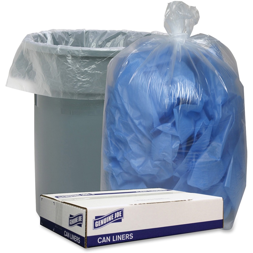 GJO29128 - Clear, low-density liners feature a strong, resilient construction that securely holds a full load to easily transport bags to your disposal area. Star-bottom seal distributes the weight of contained items more evenly for dependable performance. Extra-strong design is leak-resistant to virtually eliminate liquids from escaping. Coreless roll is perforated for quick, simple access to liners.