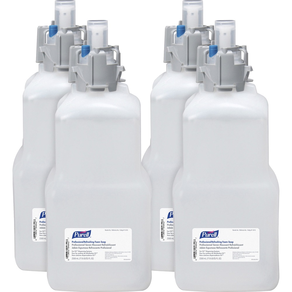 GOJ851604CT - Spa-inspired, green-certified foam hand soap offers luxurious lather, a pleasant pomegranate fragrance and appealing blue color. Enriched with moisturizer, natural extract and skin conditioner is an EcoLogo certified, USDA certified, bio-based formulation. Hand soap delights users while supporting a healthy environment. GOJO Sanitary Sealed refill helps lock out germs. Fresh dispensing valve comes with each 2300 ml. refill for the GOJO CXi, CXac and CXT Touch-free Dispensers. Refill snaps in place with an audible click. Latch release makes refill easy to unload.