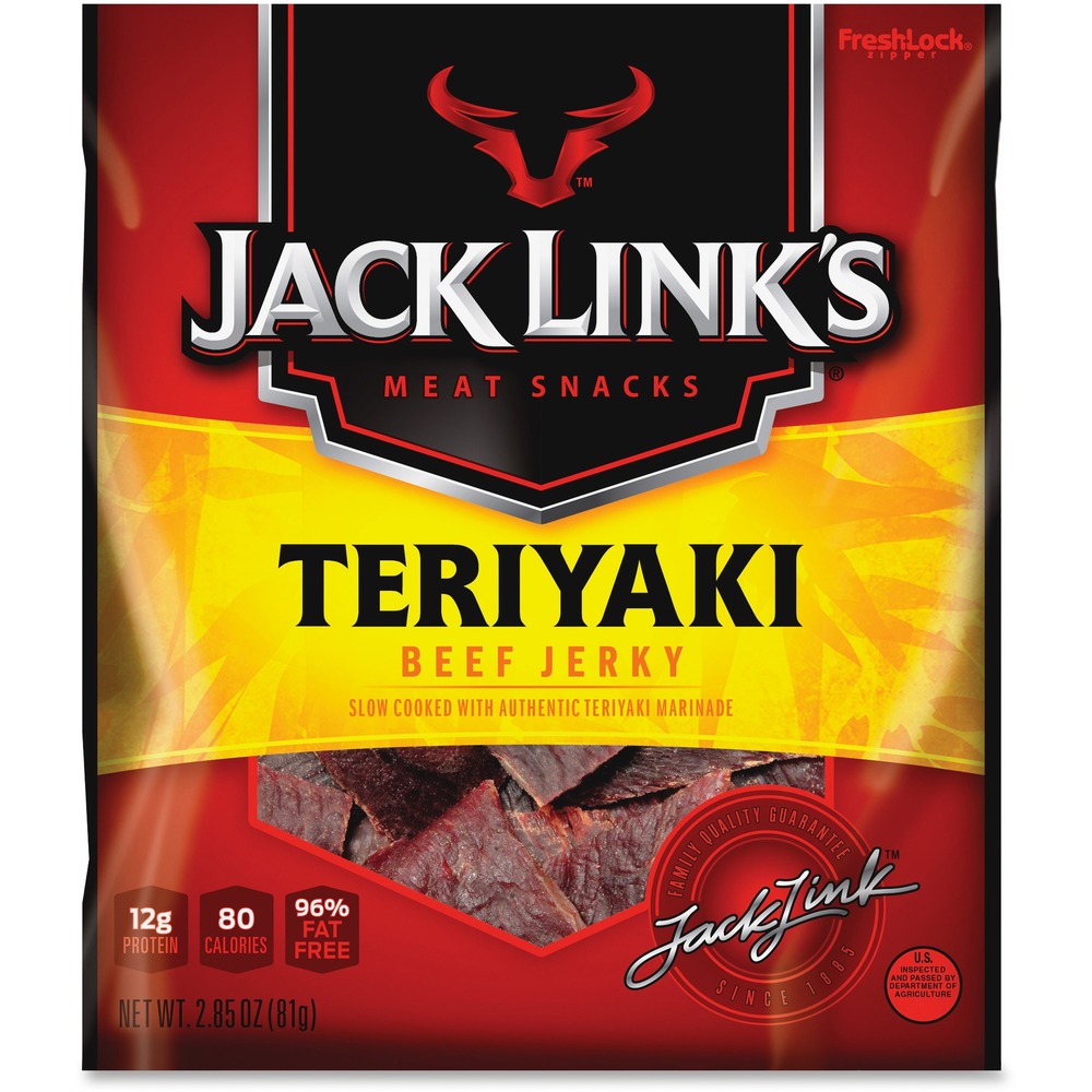 JCK87635 - Stave off hunger with beef jerky snacks. Beef jerky is slow-cooked with authentic teriyaki marinade for a mouth-watering snack. Teriyaki flavor combines soy, ginger and a little onion with perfectly smoked beef. Beef jerky contains just 1 gram of fat, 12 grams of protein and 6 grams of carbohydrates. Reclosable bag keeps the strips fresh so you can snack now and later.