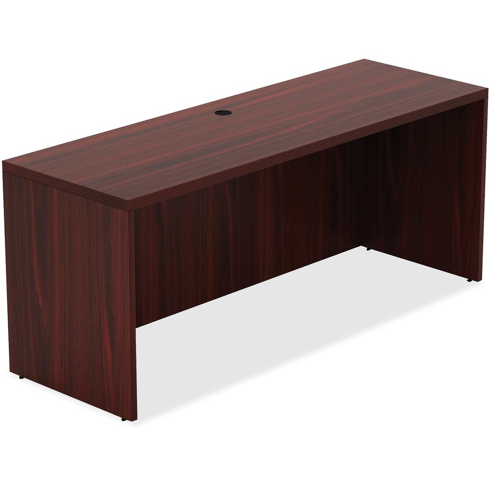 LLR34310 - Credenza is part of the Lorell Chateau Series that offers contemporary laminate office furniture with a durable design and multiple configuration options. Top features reeded edge detail for a distinct look. Design also includes a full modesty panel for privacy and high-quality, Mahogany laminate surface for durability. One grommet hole in the top allows easy cord routing. Add Lorell Essentials Series pedestals (sold separately) to expand your storage options.