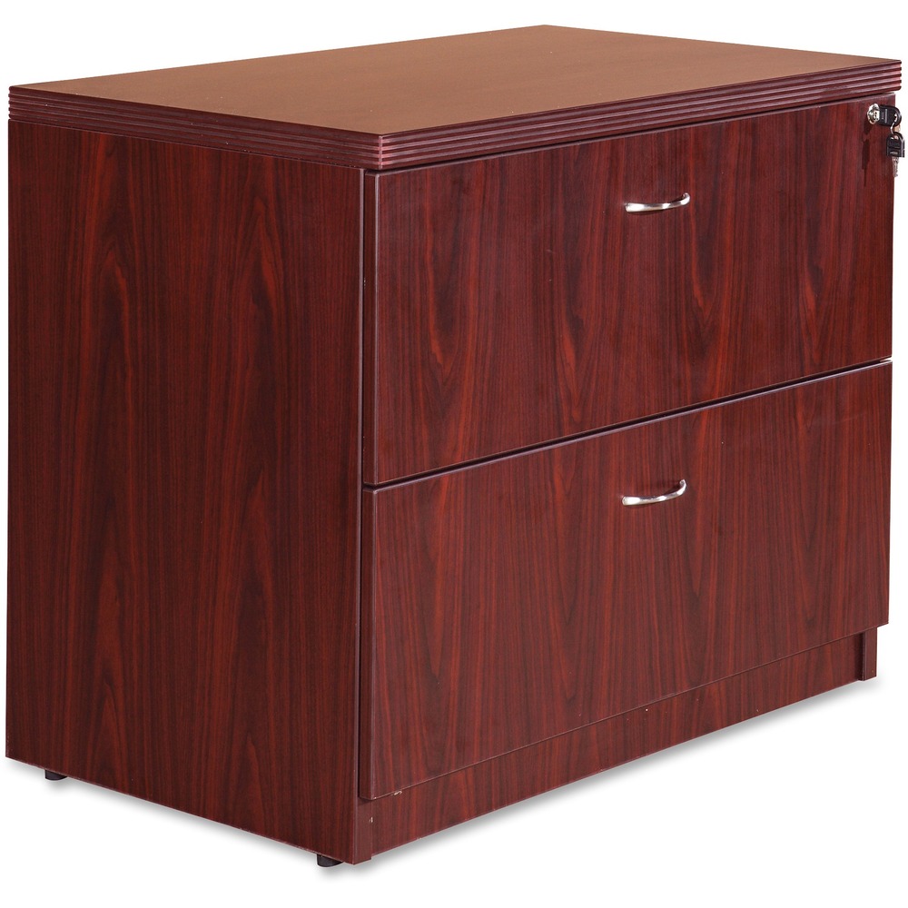 LLR34312 - Lateral file is part of the Lorell Chateau Series that offers contemporary laminate office furniture with a durable design and multiple configuration options. Thick top features reeded edge detail for a distinct look. Design also includes a high-quality, Mahogany laminate surface for durability and two spacious drawers for files or supplies. Drawers roll smoothly on heavy-duty, ball-bearing suspension. Optional drawer pulls are available to suit your style.