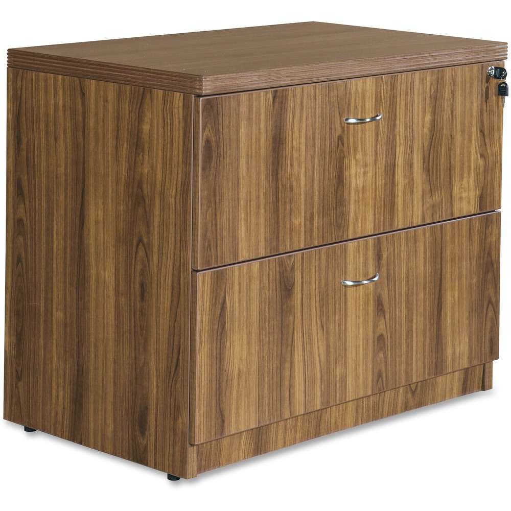 LLR34313 - Lateral file is part of the Lorell Chateau Series that offers contemporary laminate office furniture with a durable design and multiple configuration options. Top features reeded edge detail for a distinct look. Design also includes a high-quality, Walnut laminate surface for durability and two spacious drawers for files or supplies. Drawers roll smoothly on heavy-duty, ball-bearing suspension. Optional drawer pulls are available to suit your style.
