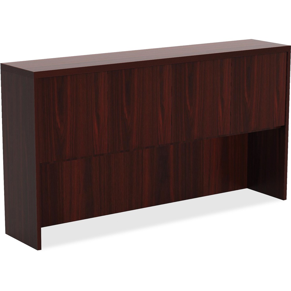LLR34318 - Hutch adds overhead storage to Lorell Chateau Series 70-7/8" wide desks or combined worksurfaces. Chateau offers contemporary laminate office furniture with a durable design and multiple configuration options. Top features reeded edge detail for a distinct look. Design also includes a high-quality, Mahogany laminate surface for durability, backing and four doors to provide privacy to two compartments.