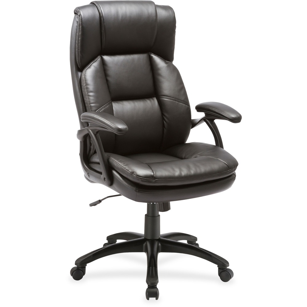 LLR59535 - High-back leather chair offers a bonded leather back and seat for deluxe comfort. Coated nylon arms offer soft padding. Functions include pneumatic seat-height adjustment, 360-degree swivel, tilt, tilt tension and tilt lock. Black nylon, five-star base is equipped with casters for easy movement. More from the Manufacturer