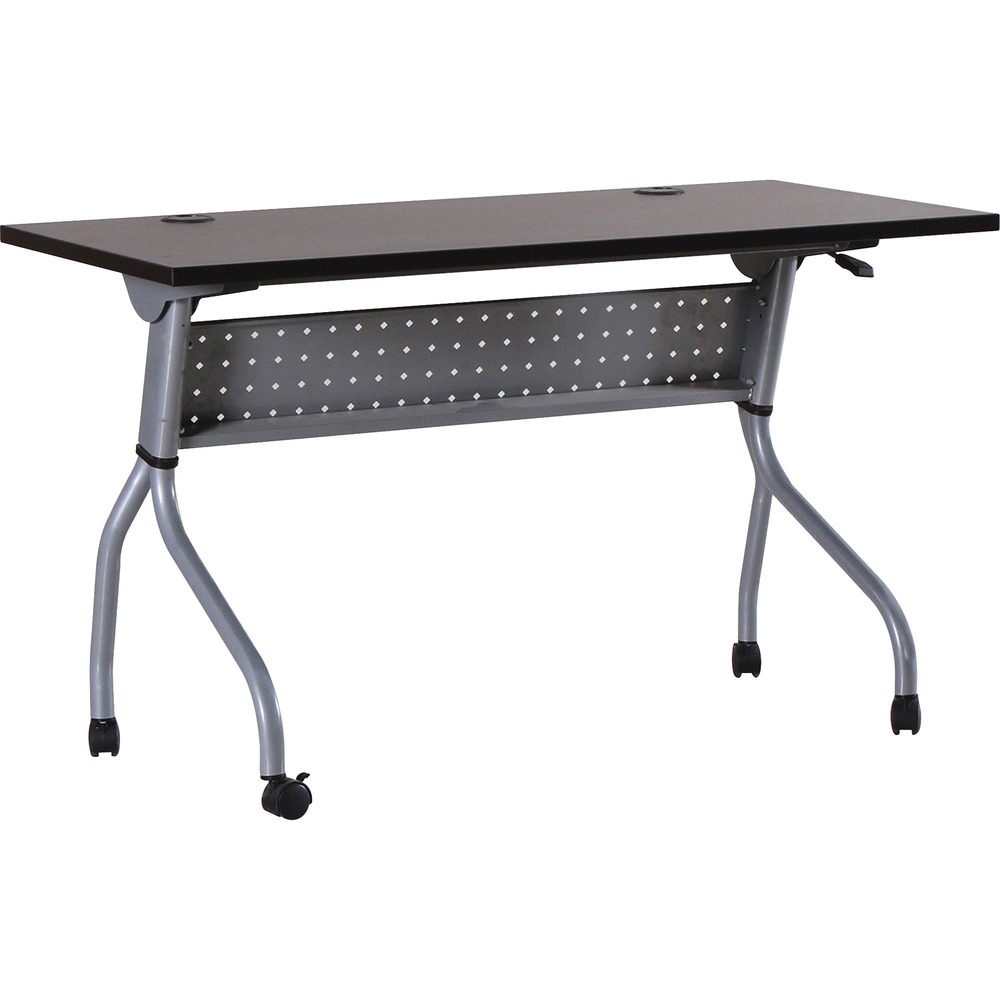 LLR60729 - Part of the Lorell Preference Series, this versatile training table offers flexible configurations and convenient storage. Use individually or secure together into rows with a reliable metal connector (sold separately). Espresso top flips up for easy storage without having to remove the connector. Top features a melamine surface with a 3mm PVC straight edge. Two grommets allow easy cord management. Four-leg, all-metal silver base features a one-way fold and modesty panel. Table rolls easily on four nylon casters with brakes.