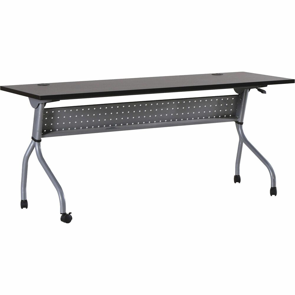 LLR60731 - Part of the Lorell Preference Series, this versatile training table offers flexible configurations and convenient storage. Use individually or secure together into rows with a reliable metal connector (sold separately). Espresso top flips up for easy storage without having to remove the connector. Top features a melamine surface with a 3mm PVC straight edge. Two grommets allow easy cord management. Four-leg, all-metal silver base features a one-way fold and modesty panel. Table rolls easily on four nylon casters with brakes.