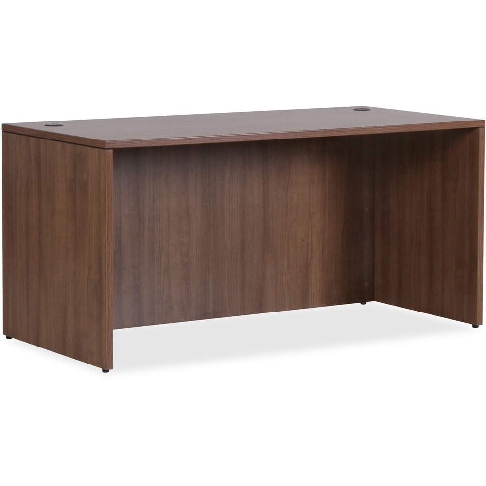 LLR69968 - Rectangular desk shell is part of Lorell Essentials Series Laminate Furniture with high-quality laminate construction and metal-to-metal, cam-lock connections. Walnut laminate top is 1" thick for durability. Use the two grommet holes in the top for easy cord routing. Design also includes a full modesty panel for privacy, 3mm PVC edges and adjustable feet.