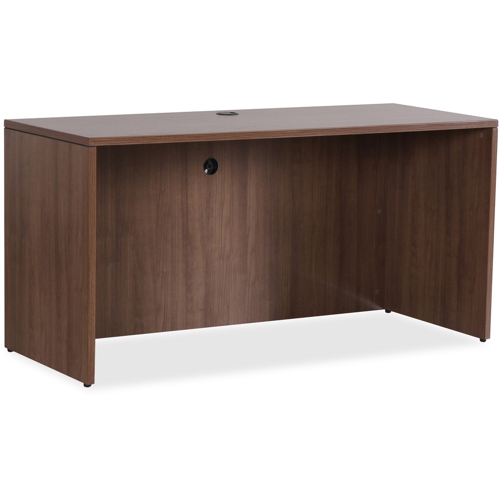 LLR69969 - Credenza shell is part of Lorell Essentials Series Laminate Furniture with high-quality laminate construction and metal-to-metal, cam-lock connections. Walnut laminate top is 1" thick for durability. Use the two grommet holes in the top for easy cord routing. Design also includes 96mm metal drawer pulls with a silver brush finish, 3mm PVC edges and adjustable feet.
