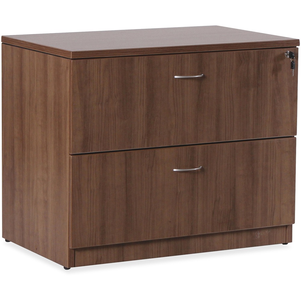 LLR69972 - Lateral file is part of Lorell Essentials Series Laminate Furniture with high-quality laminate construction and a contemporary design. Walnut laminate top is 1" thick for durability. File drawer accommodates letter-size and legal-size files with included hangrails. Both drawers roll smoothly on steel ball-bearings with full extension. Central locking system locks both drawers at once. Anti-tip feature allows only one drawer to be opened at a time. Design also includes 3mm PVC edges and adjustable levelers for stabilization.