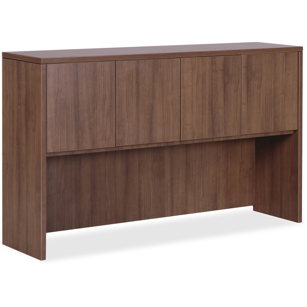 LLR69978 - Hutch with three doors is part of Lorell Essentials Series Laminate Furniture with high-quality laminate construction and metal-to-metal, cam-lock connections. Hutch easily attaches onto 60" wide credenzas and desk shells in this collection to expand storage opportunities. Design includes one grommet for easy cord management, backing, Walnut laminate surfaces for durability and 3mm PVC edges.