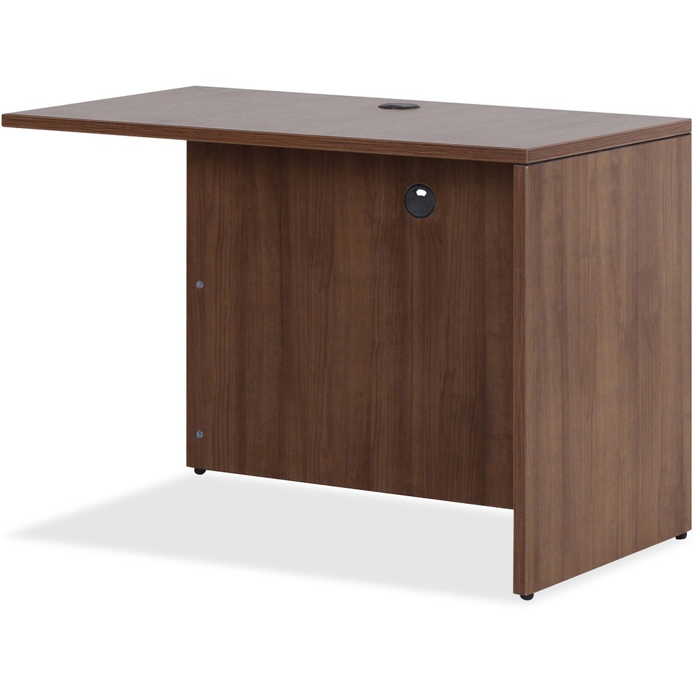 LLR69979 - Rectangular return shell is part of Lorell Essentials Series Laminate Furniture with high-quality laminate construction and metal-to-metal, cam-lock connections. Configure for right or left hand placement at time of assembly. It should not be used freestanding. Walnut laminate top is 1" thick for durability. Use the grommet hole in the top for easy cord routing. Design also includes a full modesty panel for privacy, 3mm PVC edges and adjustable feet.