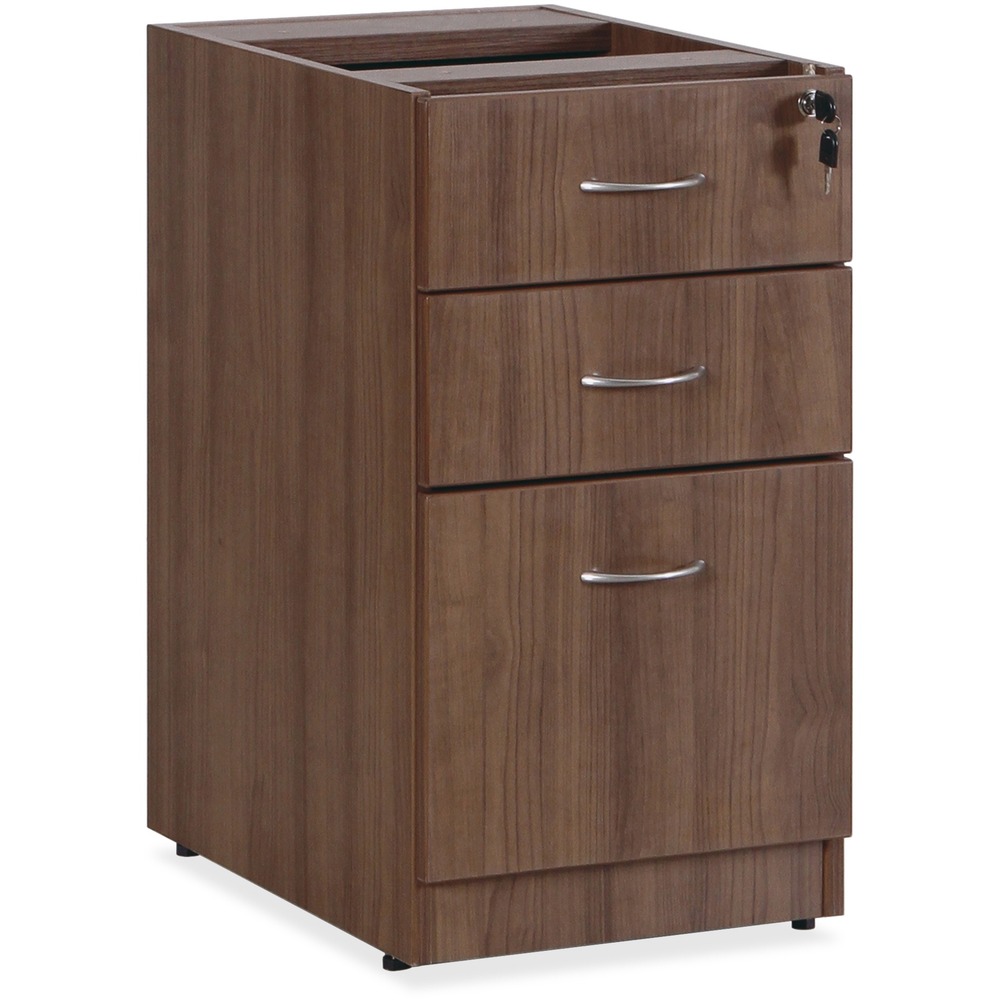 LLR69985 - Hanging pedestal is part of Lorell Essentials Series Laminate Furniture with high-quality, Walnut laminate construction. Pedestal offers a box/box/file design to store office supplies and important files. The file drawer includes hangrails and holds letter-size and legal-size hanging files. Design also includes 96mm metal drawer pulls with a silver brush finish and 3mm PVC edges. Pedestal attaches to the underside of the top of an Essentials Series desk, credenza or return with the included fasteners and extends to the floor.