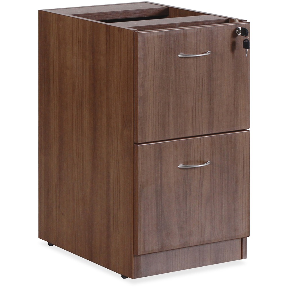 LLR69986 - Fixed pedestal is part of Lorell Essentials Series Laminate Furniture with high-quality, Walnut laminate construction. Pedestal includes two file drawers to store important files. Each file drawer includes hangrails and holds letter-size and legal-size hanging files. Design also includes heavy-duty, ball-bearing suspension; 96mm metal drawer pulls with a silver brush finish; and 3mm PVC edges. Pedestal attaches to the underside of the top of an Essentials Series desk, credenza or return with the included fasteners and extends to the floor. It does not have a top and should not be used alone.