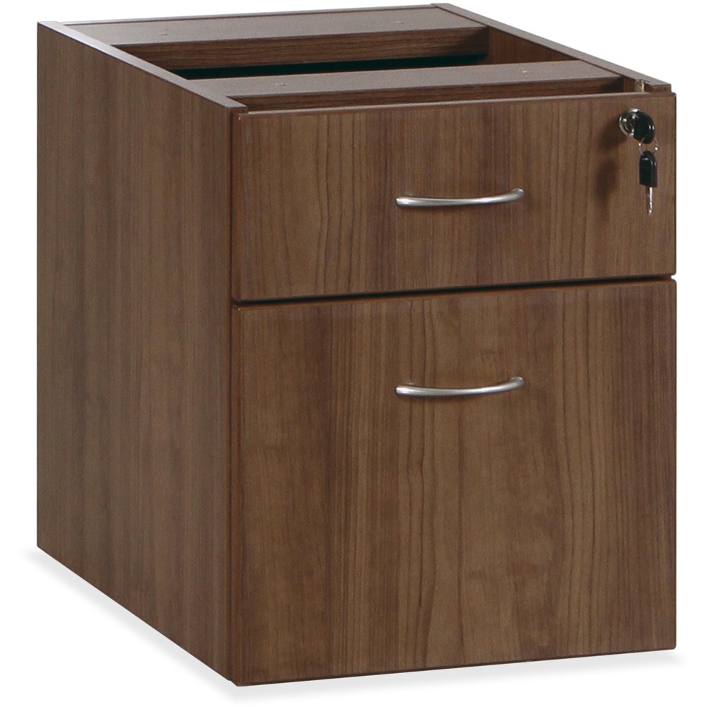 LLR69987 - Hanging pedestal is part of Lorell Essentials Series Laminate Furniture with high-quality laminate construction and metal-to-metal, cam-lock connections. Pedestal includes one box drawer and one filing drawer that accommodates letter-size and legal-size files with included hangrails. Both drawers offer full extension and roll smoothly on steel ball bearings. Design also includes central locking, Walnut laminate for durability, 3mm PVC edges and adjustable feet. Pedestal cannot be used freestanding and must be attached to a desk, credenza or return in this series. Predrilled holes with metal inserts offer easy attachment by screws.