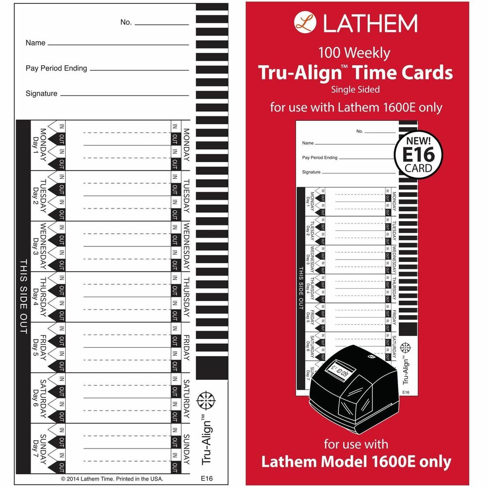 LTHE16100 - E16 time cards feature Tru-Align printing technology to provide remarkably consistent results. High-quality, 150 lb. tag stock is designed with an increased width for easier insertion. In/out indicators on the outside edge allow simple print alignment. E16 time cards are designed for use with the Lathem atomic time clock (sold separately).