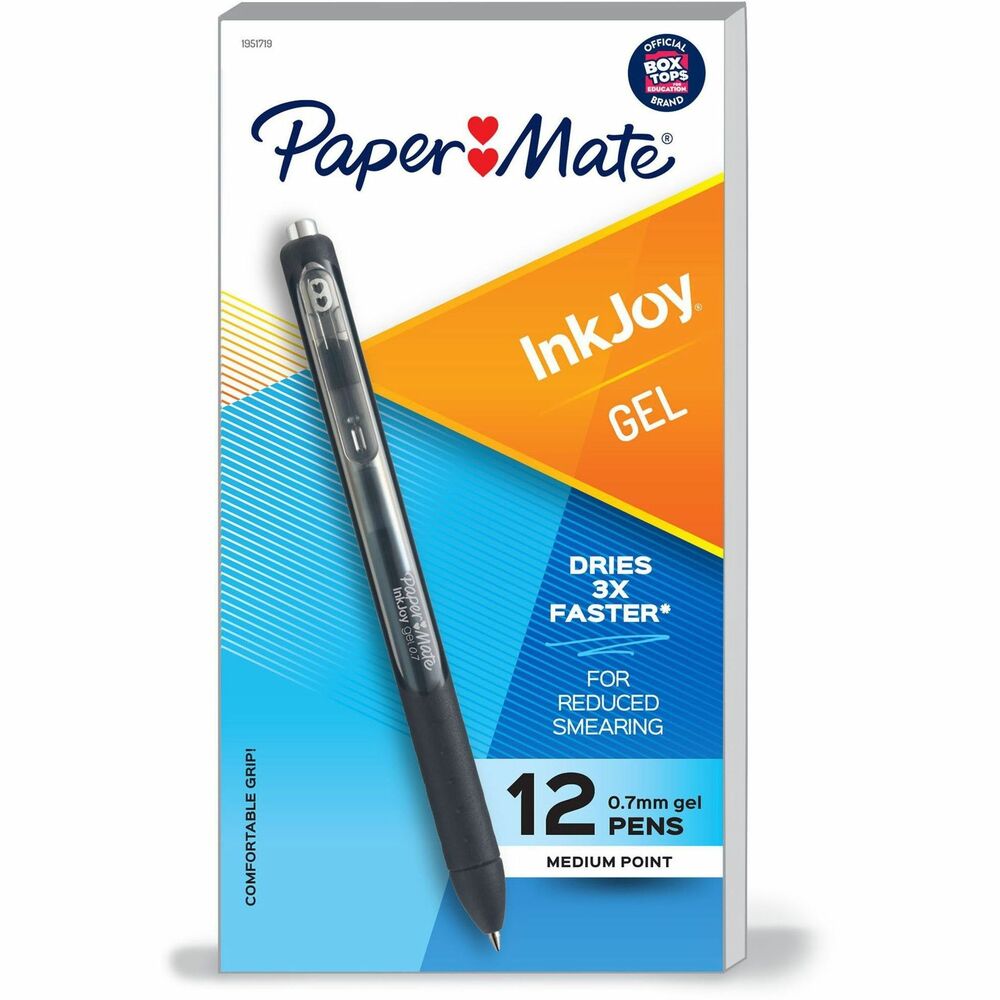 PAP1951719A - Retractable pens feature a quick-drying, gel ink that dries three times faster to keep your writing clean and consistent without smudges. Smooth-flowing ink lays down effortlessly without any drag for a more enjoyable writing experience from your first word to your last. Ergonomic comfort grip wraps around the color-tinted body to help minimize hand fatigue during extended periods of writing. Plus, a handy clip attaches to pockets, notebooks and more for easy access and storage. Gel pens with black ink are perfect for everyday use at home, office and school.