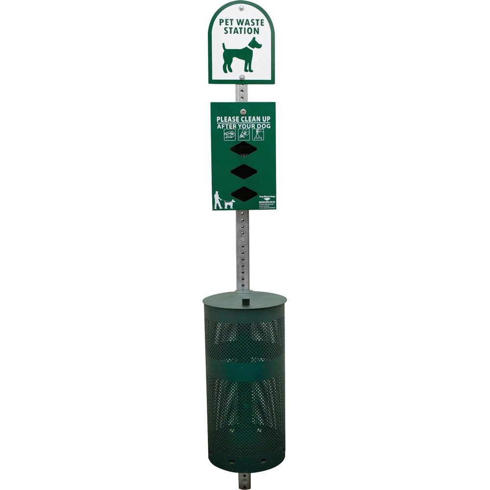 TCO28000 - Dog waste station with a trash can allows easy disposal to help keep areas free from dog waste. Powder-coated aluminum is rustproof for lasting outdoor use. Pet sign is displayed at the top of the unit for a friendly way to encourage use. Dispenser is designed for use with Tatco dog waste bags (not included). Dog waste station is perfect for parks, residential complexes, office landscapes and more.