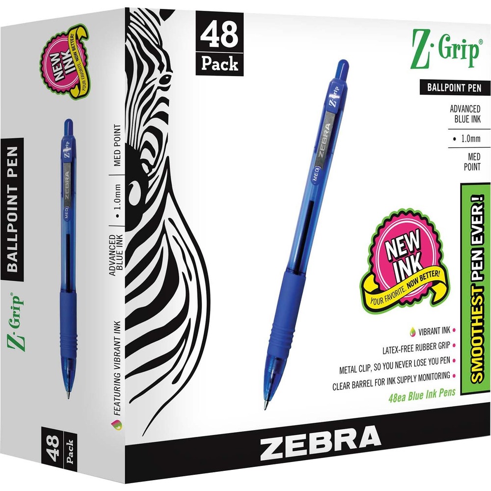 ZEB22248 - Retractable ballpoint pens feature a soft rubber grip for all-day writing comfort. Lightweight, nonrefillable pens offer a 1.0mm medium point, visible ink level and a sturdy metal clip. Grip color matches ink color. Quick-drying ink reduces smearing to keep your documents clean and safe. More from the ManufacturerRebate: $15 Gift Card w $50 Zebra Pen Purchase View Rebate Details