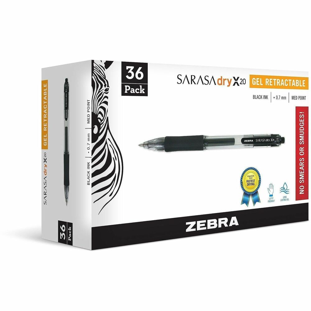 ZEB46136 - Sarasa Gel Retractable Pens feature Evolutionary Rapid Dry Ink Technology that dries in less than a second, eliminating messy smears and smudges. Ultra-smooth ink glide promotes a flowing yet crisp writing experience. Latex-free, nonslip comfort rubber grip provides writing comfort and control. Smooth gel ink delivers scratch-free writing. Translucent barrel provides visible ink color and supply. Ink is acid-free and archival quality. Pens are refillable with Zebra's JF-Refill. More from the Manufacturer