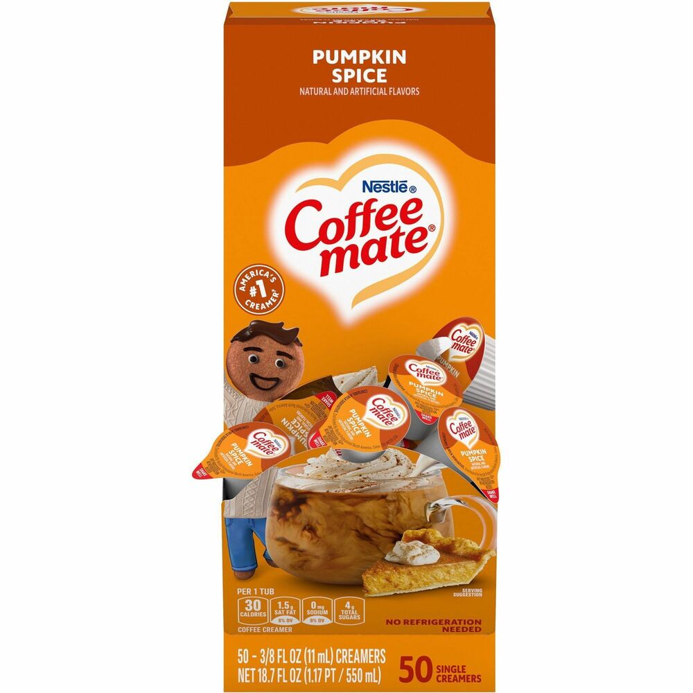 NES75520 - Delight your employees, customers and guests by offering Coffee mate liquid creamer in your workplace, breakroom or kitchen. Nondairy creamer offers a delicious pumpkin spice flavor in liquid concentrate. Shelf-stable creamer in convenient, single-serve tubs requires no refrigeration. It is also lactose-free, cholesterol-free and Kosher dairy.