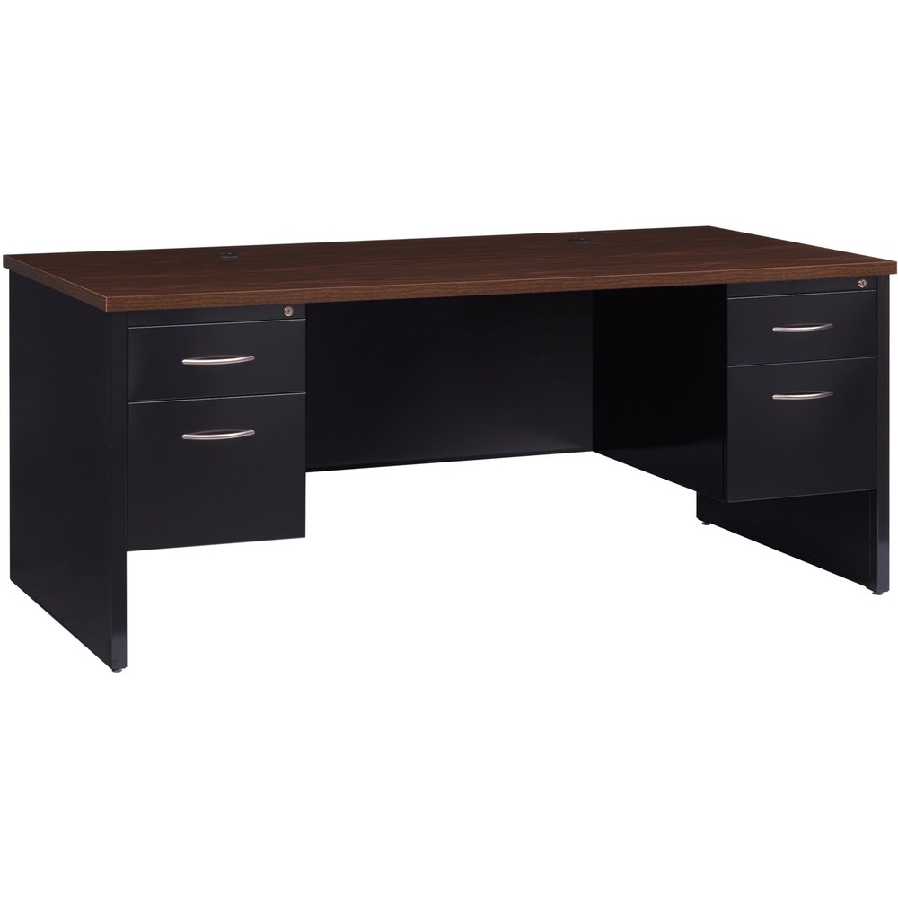 LLR79139 - This modular desk series features commercial-quality performance and components. Durable steel chassis supports a 1-1/8" thick laminated top with integrated grommets for wire management. Laminate is stain-resistant and scratch-resistant for durability. To create a U-workstation, simply combine a desk with a bridge and credenza. Desk includes one box drawer for supplies and one file drawer for documents. File drawers with premium arch-pull handles accept hanging file folders for paper management. Steel ball-bearing suspension makes drawers easy to operate quietly. Built-in cord management provides easy access to power and data while minimizing clutter. The rich walnut laminate and black paint create an upscale look and feel for any application. Superior steel construction withstands heavy activity and relocation.