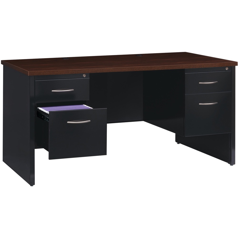 LLR79141 - This modular desk series features commercial-quality performance and components. Durable steel chassis supports a 1-1/8" thick laminated top with integrated grommets for wire management. Laminate is stain-resistant and scratch-resistant for durability. To create a U-workstation, simply combine a desk with a bridge and credenza. Desk includes one box drawer for supplies and one file drawer for documents. File drawers with premium arch-pull handles accept hanging file folders for paper management. Steel ball-bearing suspension makes drawers easy to operate quietly. Built-in cord management provides easy access to power and data while minimizing clutter. The rich walnut laminate and black paint create an upscale look and feel for any application. Superior steel construction withstands heavy activity and relocation.