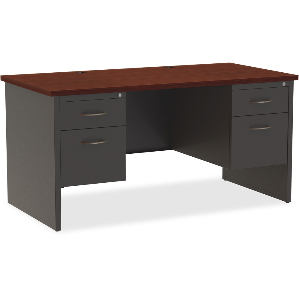LLR79142 - This modular desk series features commercial-quality performance and components. The durable steel chassis supports a 1-1/8" thick laminated top with integrated grommets for wire management. Laminate is stain-resistant and scratch-resistant for durability. To create a U-workstation, simply combine a desk with a bridge and credenza. Desk includes one box drawer for supplies and one file drawer for documents. File drawers with premium arch-pull handles accept hanging file folders for paper management. Steel ball-bearing suspension makes drawers easy to operate quietly. Built-in cord management provides easy access to power and data while minimizing clutter. The rich mahogany laminate and charcoal paint create an upscale look and feel for any application. Superior steel construction withstands heavy activity and relocation.