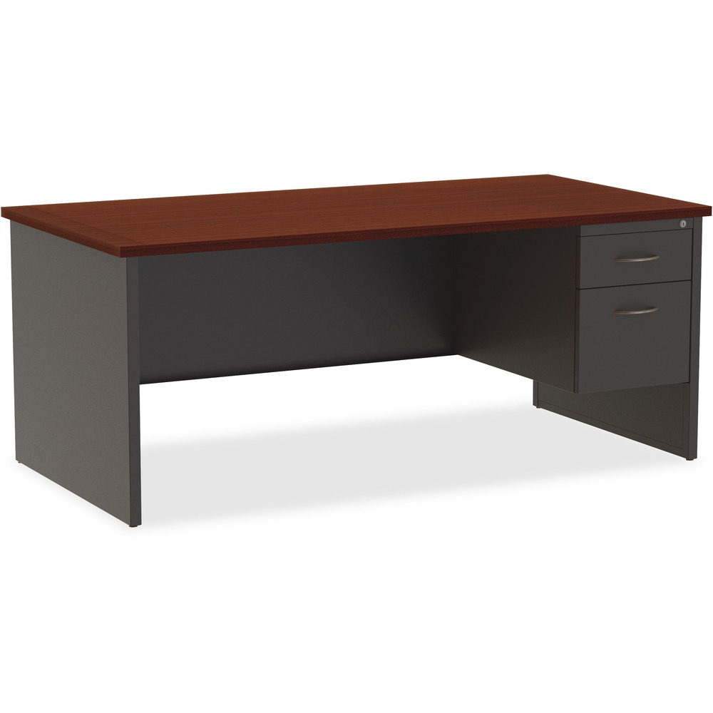 LLR79144 - This modular desk series features commercial-quality performance and components. The durable steel chassis supports a 1-1/8" thick laminated top with integrated grommets for wire management. Laminate is stain-resistant and scratch-resistant for durability. To create a U-workstation, simply combine a desk with a bridge and credenza. Desk includes one box drawer for supplies and one file drawer for documents. File drawers with premium arch-pull handles accept hanging file folders for paper management. Steel ball-bearing suspension makes drawers easy to operate quietly. Built-in cord management provides easy access to power and data while minimizing clutter. The rich mahogany laminate and charcoal paint create an upscale look and feel for any application. Superior steel construction withstands heavy activity and relocation.