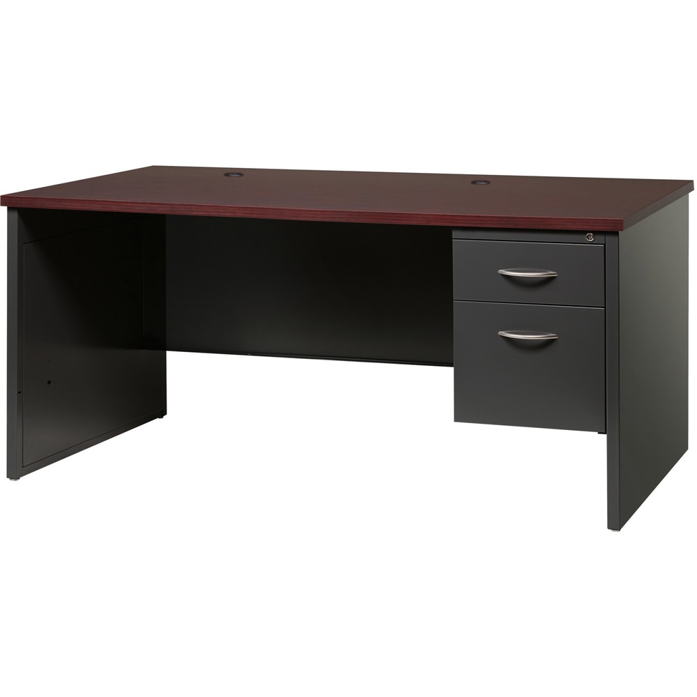 LLR79145 - Right-pedestal desk is part of the Lorell Commercial Steel Desk Series with commercial-quality performance and components. Durable steel chassis supports a 1-1/8" thick, laminated top. Laminate is stain-resistant and scratch-resistant for durability. This 66" wide, right-pedestal desk with adjustable leveling glides can be used freestanding or paired with a left return to create an L-workstation. To create a U-workstation, simply combine it with a bridge and right credenza. Desk includes one box drawer for supplies and one file drawer for hanging file folders. Both lock. Steel ball-bearing suspension makes drawers easy to operate quietly. Built-in cord management with two grommets in the top and two more grommets on the end panels provides easy access to power and data while minimizing clutter. Rich walnut laminate and black paint create an upscale look and feel for any application. Superior steel construction withstands heavy activity and relocation.
