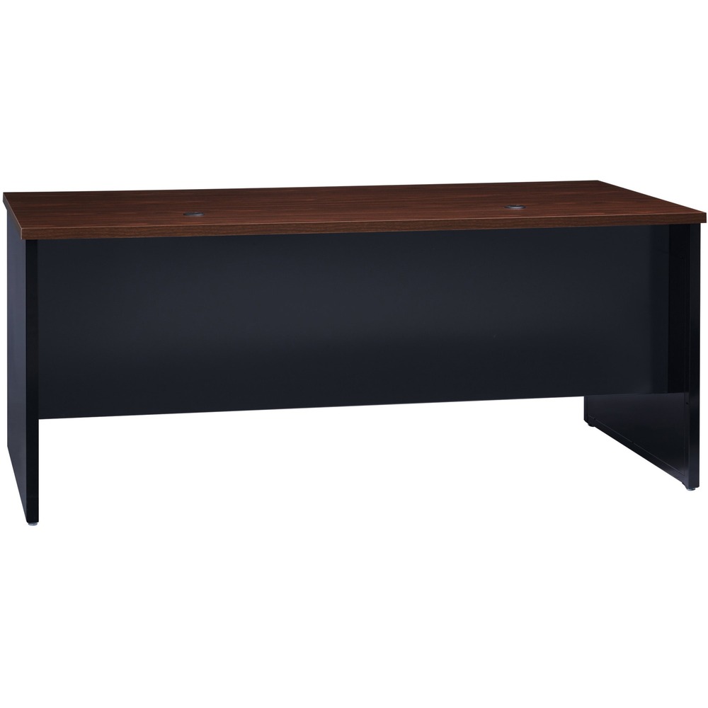 LLR79149 - Left-pedestal desk is part of the Lorell Commercial Steel Desk Series with commercial-quality performance and components. Durable steel chassis supports a 1-1/8" thick, laminated top. Laminate is stain-resistant and scratch-resistant for durability. This 72" wide, left-pedestal desk with adjustable leveling glides can be used freestanding or paired with a right return to create an L-workstation. To create a U-workstation, simply combine it with a bridge and right credenza. Desk includes one box drawer for supplies and one file drawer for hanging file folders. Both lock. Steel ball-bearing suspension makes drawers easy to operate quietly. Built-in cord management with two grommets in the top and two more grommets on the end panels provides easy access to power and data while minimizing clutter. Rich walnut laminate and black paint create an upscale look and feel for any application. Superior steel construction withstands heavy activity and relocation.