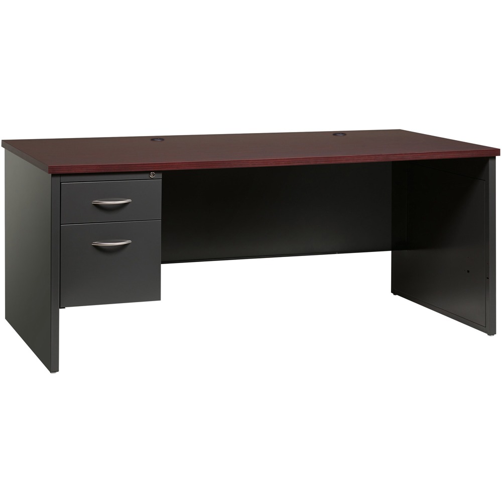 LLR79150 - Left-pedestal desk is part of the Lorell Commercial Steel Desk Series with commercial-quality performance and components. Durable steel chassis supports a 1-1/8" thick, laminated top. Laminate is stain-resistant and scratch-resistant for durability. This 72" wide, left-pedestal desk with adjustable leveling glides can be used freestanding or paired with a right return to create an L-workstation. To create a U-workstation, simply combine it with a bridge and right credenza. Desk includes one box drawer for supplies and one file drawer for hanging file folders. Both lock. Steel ball-bearing suspension makes drawers easy to operate quietly. Built-in cord management with two grommets in the top and two more grommets on the end panels provides easy access to power and data while minimizing clutter. The rich mahogany laminate and charcoal paint create an upscale look and feel for any application. Superior steel construction withstands heavy activity and relocation.