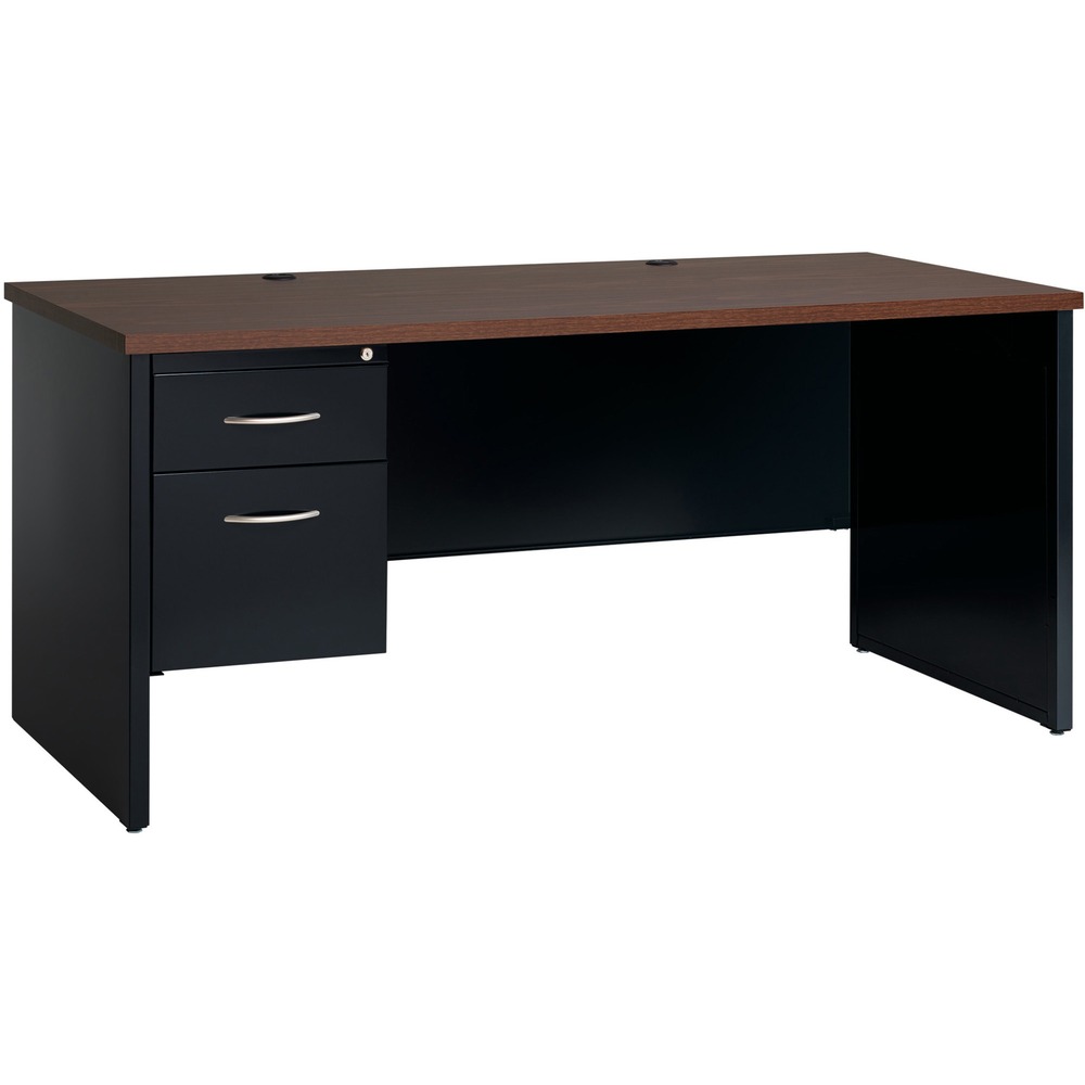 LLR79151 - Left-pedestal desk is part of the Lorell Commercial Steel Desk Series with commercial-quality performance and components. Durable steel chassis supports a 1-1/8" thick, laminated top. Laminate is stain-resistant and scratch-resistant for durability. This 66" wide, left-pedestal desk with adjustable leveling glides can be used freestanding or paired with a right return to create an L-workstation. To create a U-workstation, simply combine it with a bridge and right credenza. Desk includes one box drawer for supplies and one file drawer for hanging file folders. Both lock. Steel ball-bearing suspension makes drawers easy to operate quietly. Built-in cord management with two grommets in the top and two more grommets on the end panels provides easy access to power and data while minimizing clutter. Rich walnut laminate and black paint create an upscale look and feel for any application. Superior steel construction withstands heavy activity and relocation.