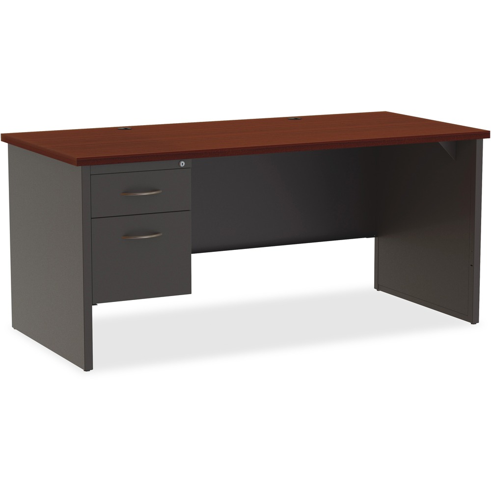 LLR79152 - Left-pedestal desk is part of the Lorell Commercial Steel Desk Series with commercial-quality performance and components. Durable steel chassis supports a 1-1/8" thick, laminated top. Laminate is stain-resistant and scratch-resistant for durability. This 66" wide, left-pedestal desk with adjustable leveling glides can be used freestanding or paired with a right return to create an L-workstation. To create a U-workstation, simply combine it with a bridge and right credenza. Desk includes one box drawer for supplies and one file drawer for hanging file folders. Both lock. Steel ball-bearing suspension makes drawers easy to operate quietly. Built-in cord management with two grommets in the top and two more grommets on the end panels provides easy access to power and data while minimizing clutter. The rich mahogany laminate and charcoal paint create an upscale look and feel for any application. Superior steel construction withstands heavy activity and relocation.