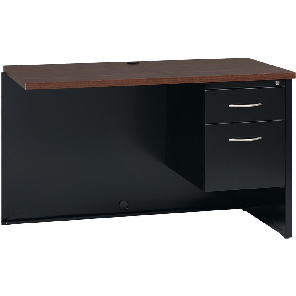 LLR79153 - Right return is part of the Lorell Commercial Steel Desk Series with commercial-quality performance and components. Durable steel chassis supports a 1-1/8" thick, laminated top. Laminate is stain-resistant and scratch-resistant for durability. This 48" wide right return can be combined with a left desk or left credenza to create an L-workstation. This unit is not intended to be freestanding. The single pedestal on the return includes one box drawer for supplies and one file drawer for hanging file folders. Both lock. Steel ball-bearing suspension makes drawers easy to operate. Built-in cord management provides easy access to power and data while minimizing clutter. Rich walnut laminate and black paint create an upscale look and feel for any application. Superior steel construction withstands heavy activity and relocation.