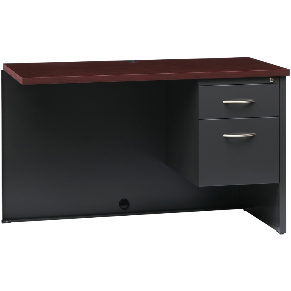 LLR79154 - Right return is part of the Lorell Commercial Steel Desk Series with commercial-quality performance and components. Durable steel chassis supports a 1-1/8" thick, laminated top. Laminate is stain-resistant and scratch-resistant for durability. This 48" wide right return can be combined with a left desk or left credenza to create an L-workstation. This unit is not intended to be freestanding. The single pedestal on the return includes one box drawer for supplies and one file drawer for hanging file folders. Both lock. Steel ball-bearing suspension makes drawers easy to operate. Built-in cord management provides easy access to power and data while minimizing clutter. Rich mahogany laminate and charcoal paint create an upscale look and feel for any application. Superior steel construction withstands heavy activity and relocation.